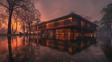 modern house with a large, clear swimming pool at sunset