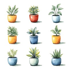 Fototapeta premium Watercolor Illustration of Nine Different Houseplants in Colorful Pots.