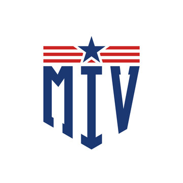 Patriotic MIV Logo with Star and American Flag Straps. Letter MIV Logo with USA Flag