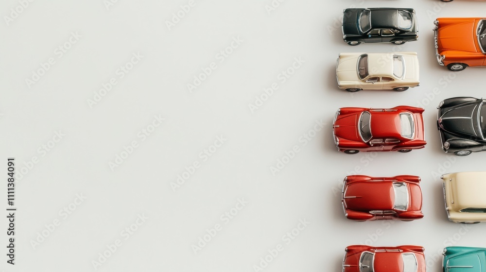Poster Various miniature car models displayed on a white surface, arranged in neat rows, creating ample space for text or messaging. Generative AI