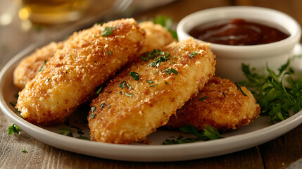 A gourmet plate of breaded fish fillets served with a rich dipping sauce and garnished with fresh herbs. 