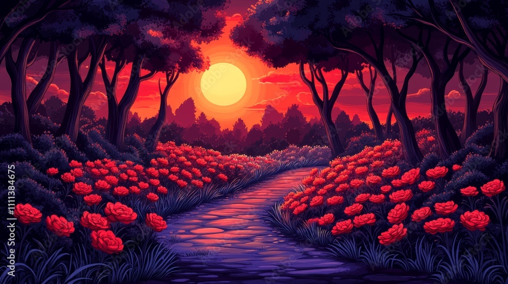 Poster a winding stone path leads through a lush forest, bathed in the warm glow of a setting sun. red flow