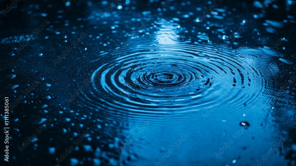 Poster close-up of a raindrop creating ripples in a puddle on a dark blue asphalt surface.
