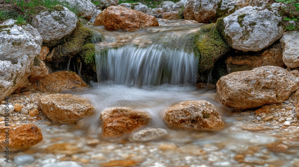 Poster small waterfall cascading over smooth rocks in a forest stream.