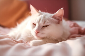 A cozy, sleeping white and orange cat on a soft, pink blanket, gentle lighting, relaxed and peaceful atmosphere, shallow depth of field, soft focus, warm tones