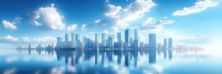 Fototapeta premium A city skyline is reflected in the water