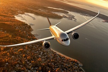 Fototapeta premium Golden Aerial View of Airplane Over Scenic Landscape by Generative Ai..