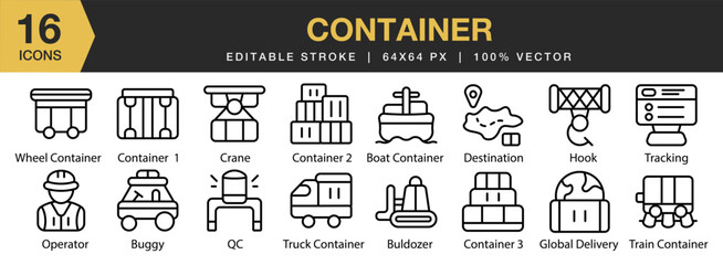 Fototapeta na wymiar Container icon set. Editable Stroke Icon Collection. Includes Container, Shipping, Industry, Cargo, Freight, Delivery, Crane, and More. Outline icons vector collection.