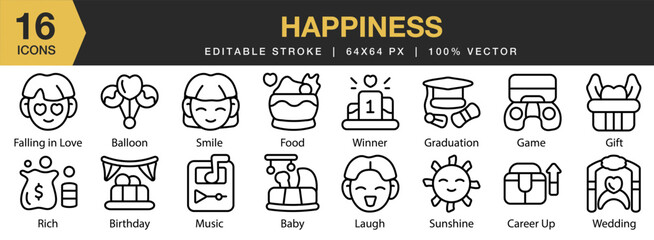 Happiness icon set. Editable Stroke Icon Collection. Includes sparkle, gift, ceremony, happiness, confetti, and More. Outline icons vector collection.