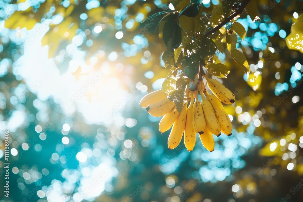 Poster a cluster of yellow bananas hanging from a lush green tree branch glimmering in sunlight amidst a be