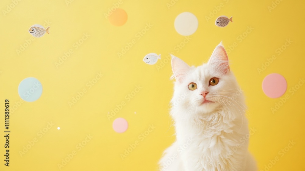 Poster a fluffy white cat gazes curiously at colorful circles with fish designs floating around its head on