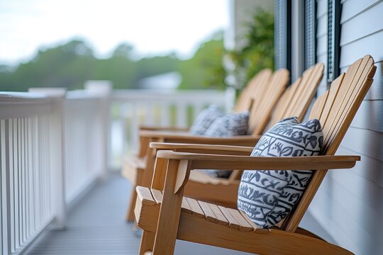 A serene porch with wooden chairs and decorative pillows, inviting relaxation outdoors. - Powered by Adobe