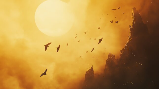 Silhouetted birds flying against a vibrant sunset backdrop.