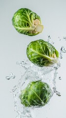 Obraz premium chopped four pieces of brussels sprouts flying through the air with a splash, the background is cleanly lit and the water is transparent