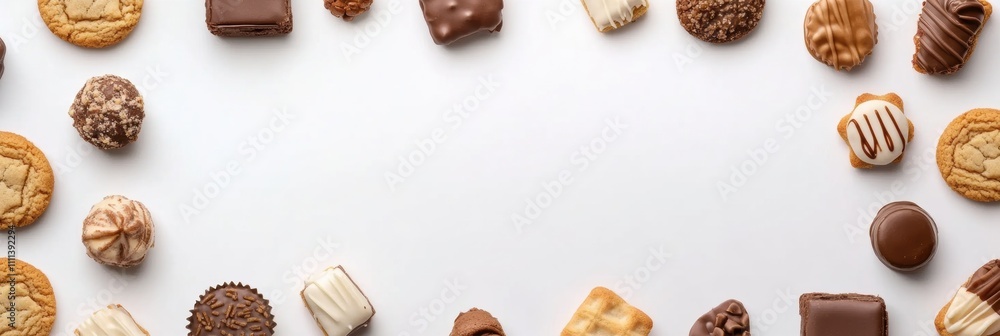 Poster an exquisite variety of cookies and sweets displayed on a white background, featuring a blank area p