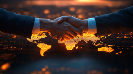 A handshake seals a global partnership, illuminated by the glowing map of interconnected continents, symbolizing unity, collaboration, and shared progress in a connected world.
