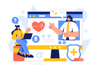 Remote Health Monitoring Vector Illustration featuring the Use of Digital Technology to Track Medical and Health Data in a Fat Style Background