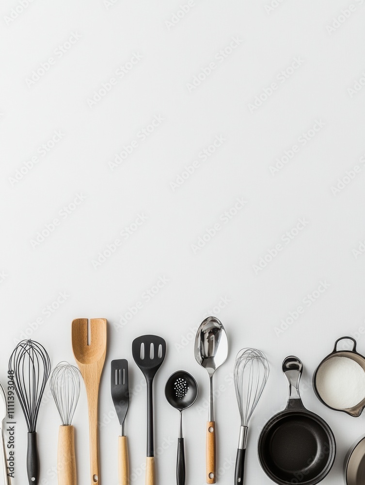Poster various kitchen utensils including spatulas, whisks, and small pots arranged neatly on a white backg