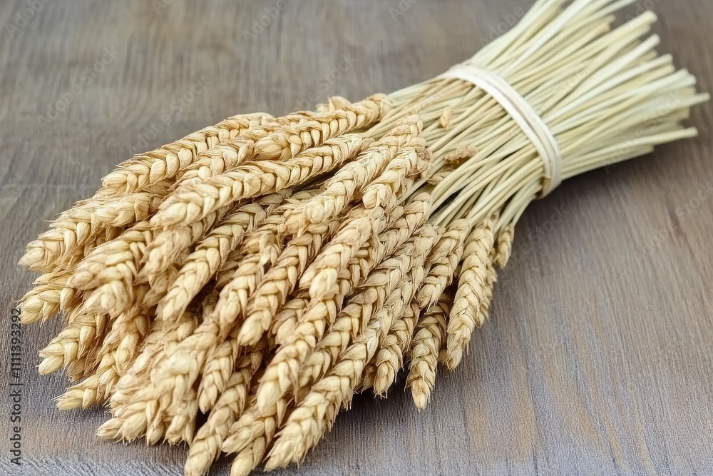 Poster bundle of golden wheat stalks tightly bound with string on a rustic wooden surface, symbolizing harv