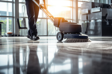 Worker operates floor cleaning machine, meticulously polishing reflective surfaces of contemporary office space as sunlight filters through large windows.