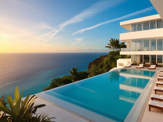 Fototapeta premium luxury hotel near beautiful ocean sunset with infinity pool, vacation and holiday concept 