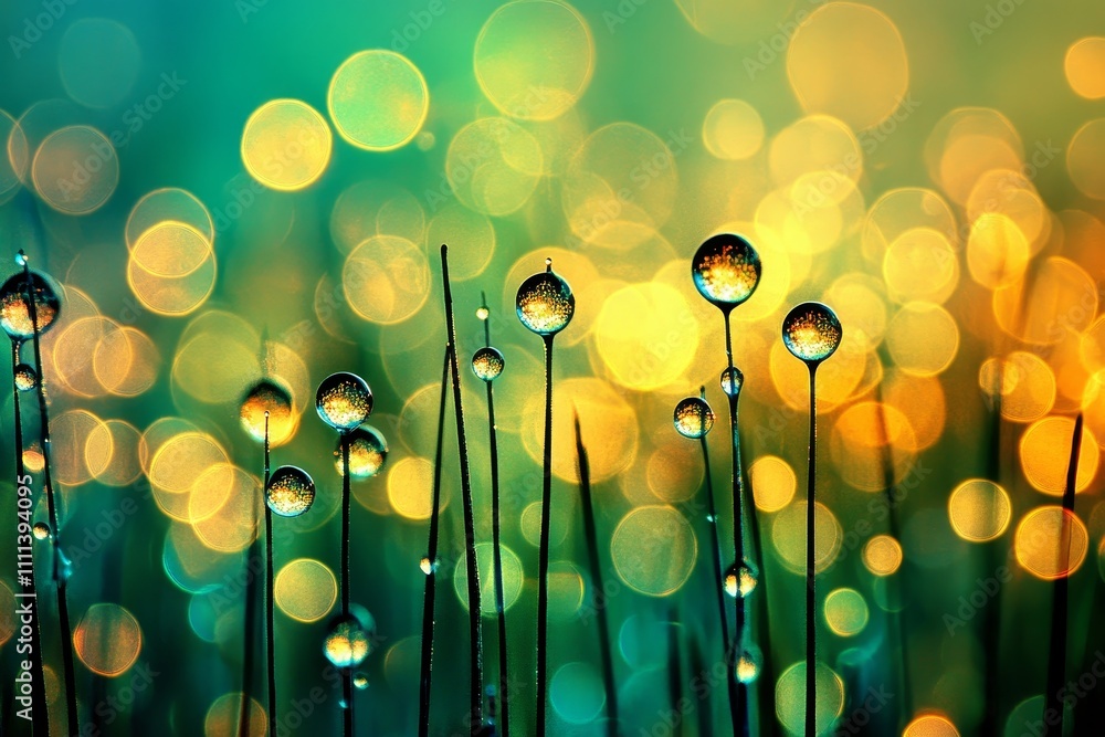 Aufkleber captivating macro shot of dew drops on grass blades sparkling under soft sunlight with colorful boke