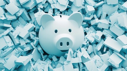 Cute White Ceramic Piggy Bank Surrounded by Broken Pieces of Light Blue Chalky Material, Symbolizing Savings and Financial Challenges in a Colorful Context