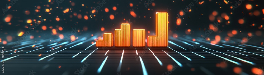 Poster abstract digital background featuring glowing orange bar graph on a futuristic grid representing gro