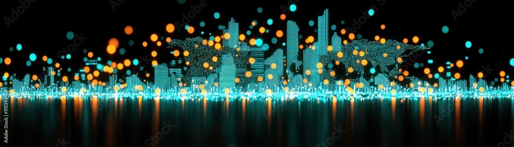 Poster futuristic city skyline with bright neon lights and abstract colorful bokeh effects creating a livel