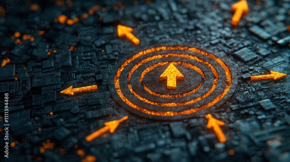 Poster abstract design featuring radiant arrows pointing outwards from a central target on a dark textured 