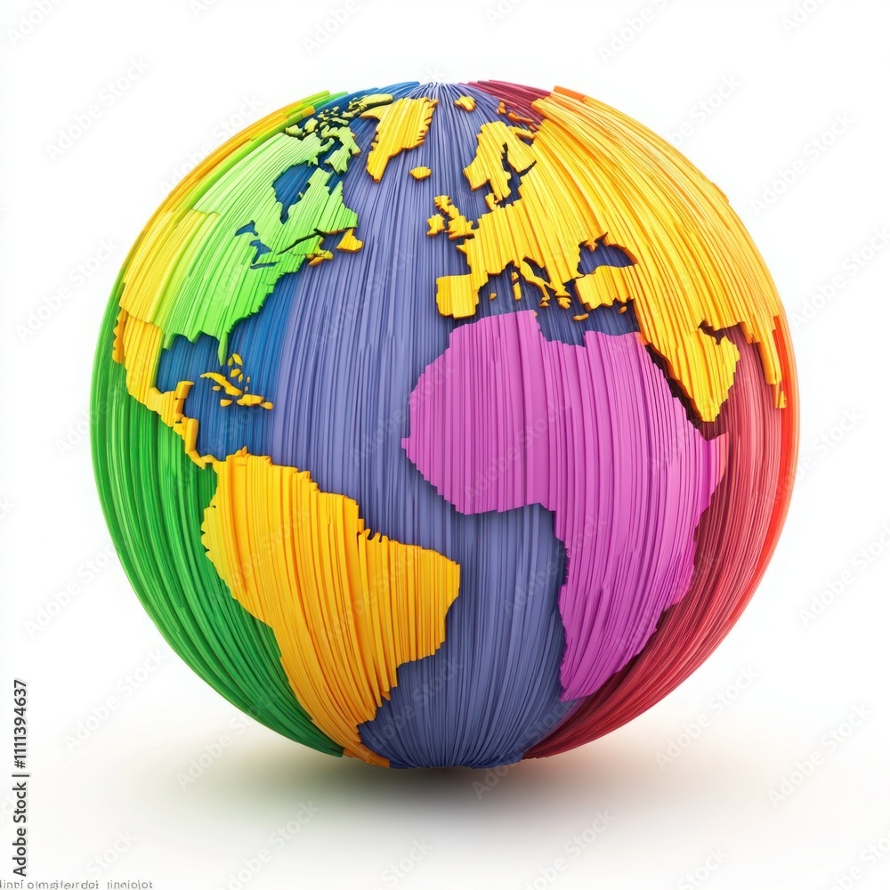 Poster colorful 3d representation of the world map with vibrant stripes highlighting continents in a playfu