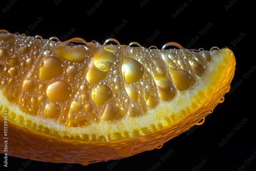 Poster close-up of a fresh lemon slice with water droplets on a black background, creating a refreshing and