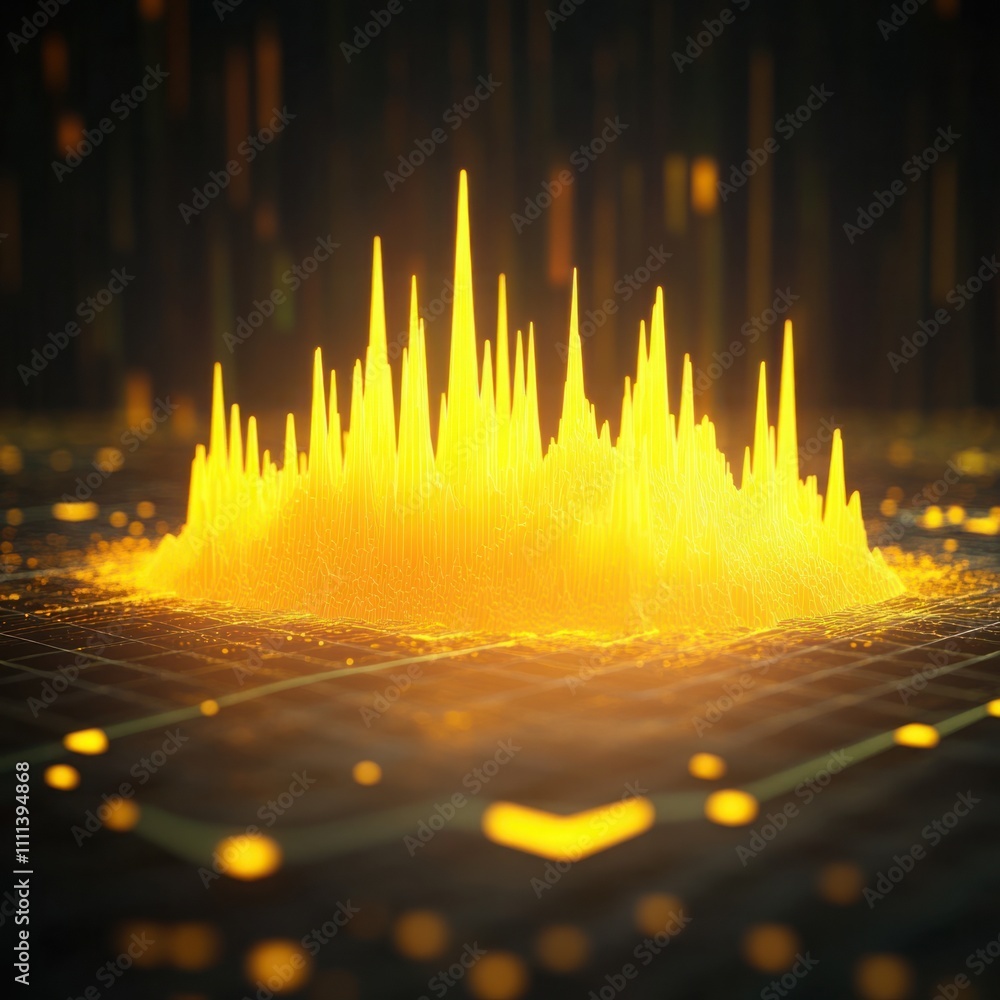 Poster abstract digital visualization of sound waves emanating in vibrant yellow, showcasing dynamic motion