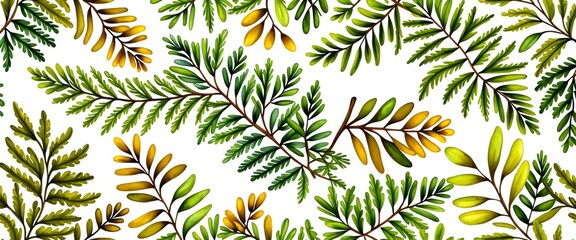 Seamless pattern of vibrant green and yellow fern leaves on white background