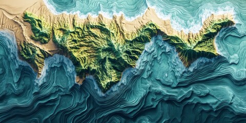 Obraz premium Coastal Island Topography Aerial View 3D Render Ocean Mountains Green Blue Sand