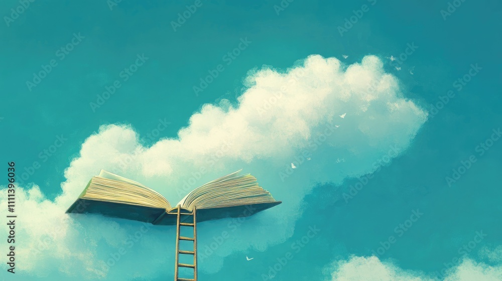 Poster a surreal composition featuring an open book and a ladder stretching up to a white cloud in a bright