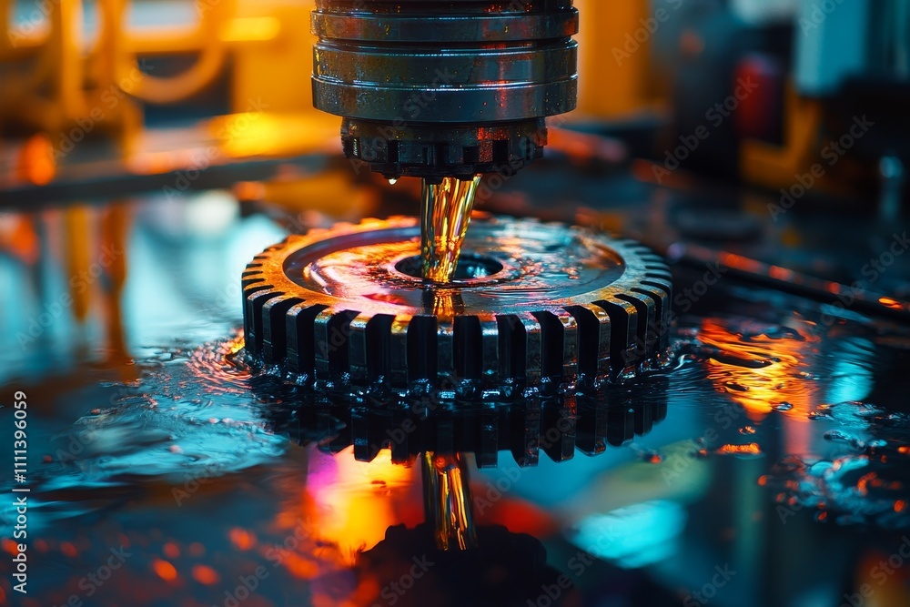 Aufkleber close-up of industrial cnc machine cutting metal gear with fluid, creating reflection and splash in 