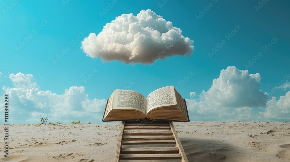 Poster a surreal landscape featuring an open book and a wooden ladder extending to a floating cloud in a bl