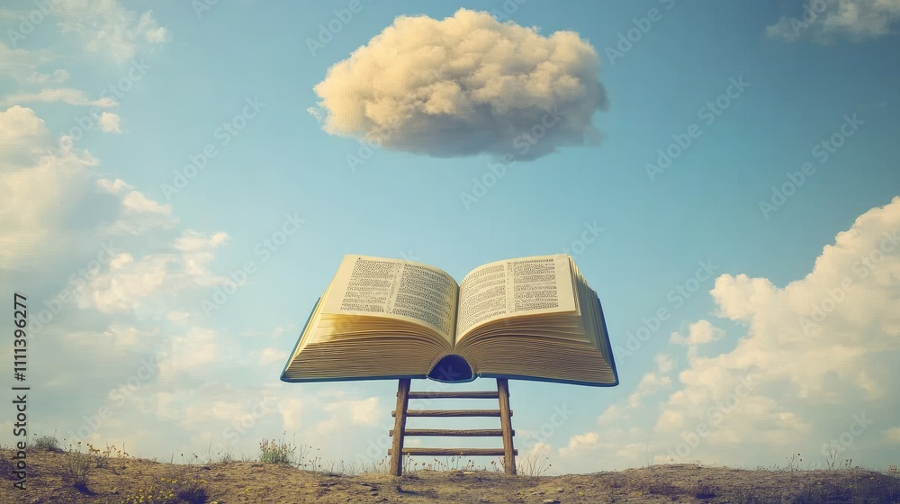 Poster a surreal landscape featuring an open book and a wooden ladder extending to a floating cloud in a bl