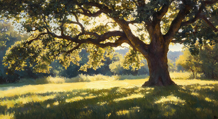 Fototapeta premium A large oak tree stands in the middle of an open field, with sunlight filtering through its leaves and casting long shadows