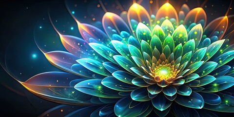 Abstract glowing flower with iridescent blue, green, and gold petals on a dark background, Flower, Abstract, Delicate, Glowing