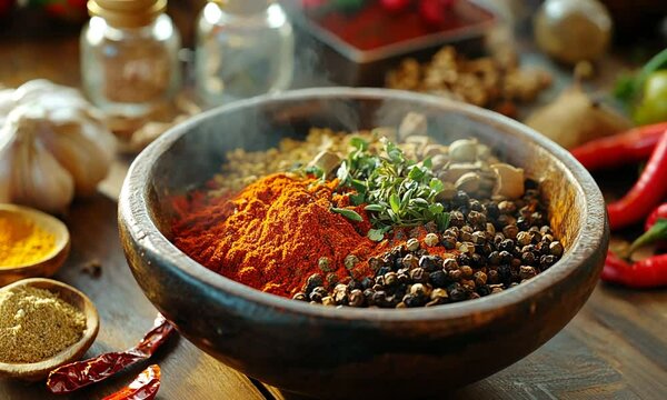 A wooden bowl filled with vibrant spices, herbs, and nuts, showcasing culinary ingredients.