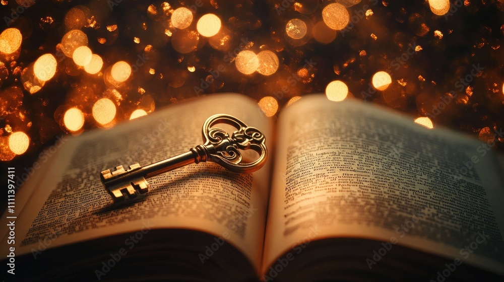 Poster a timeless brass key resting on an open book with shimmering golden bokeh lights in the distance