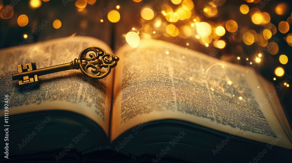 Poster a timeless brass key resting on an open book with shimmering golden bokeh lights in the distance