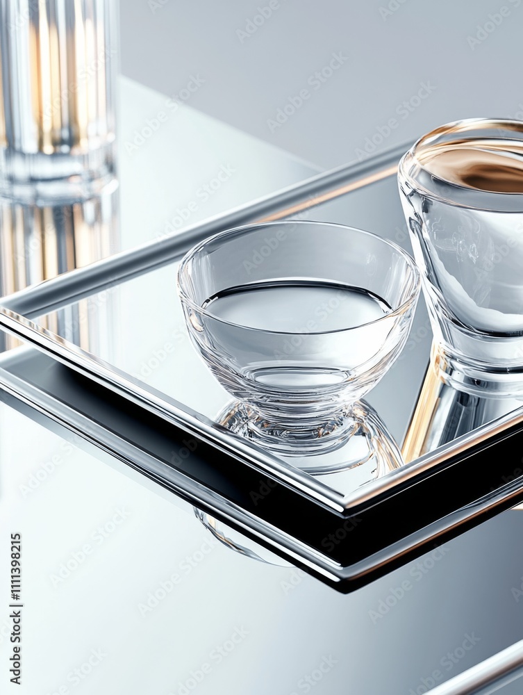 Poster glass container with water and reflections on a mirrored surface in a modern setting