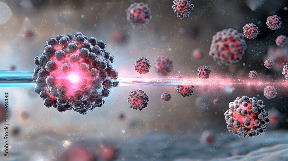 Poster detailed microscopic visualization of a red and black virus with pink core, highlighting its complex