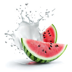 fresh watermelon slace with milk splash isolated on white background