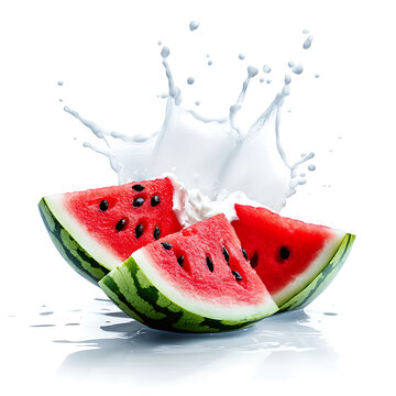 fresh watermelon slace with milk splash isolated on white background