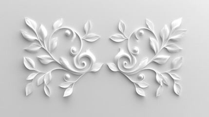 White 3D floral ornament, leaves, swirls, elegant design.