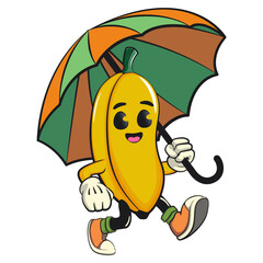 cute banana cartoon character mascot walking with an umbrella, cute fruit cartoon, work of hand drawn